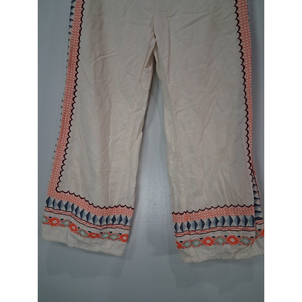 Anthropologie Embroidered Cotton Linen Crop Pants Ivory Orange Blue Women US 0 - Picture 2 of 8